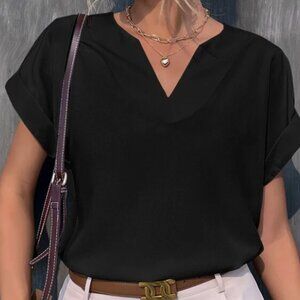 SHEIN LUNE Notched Neck Batwing Sleeve Blouse | Black